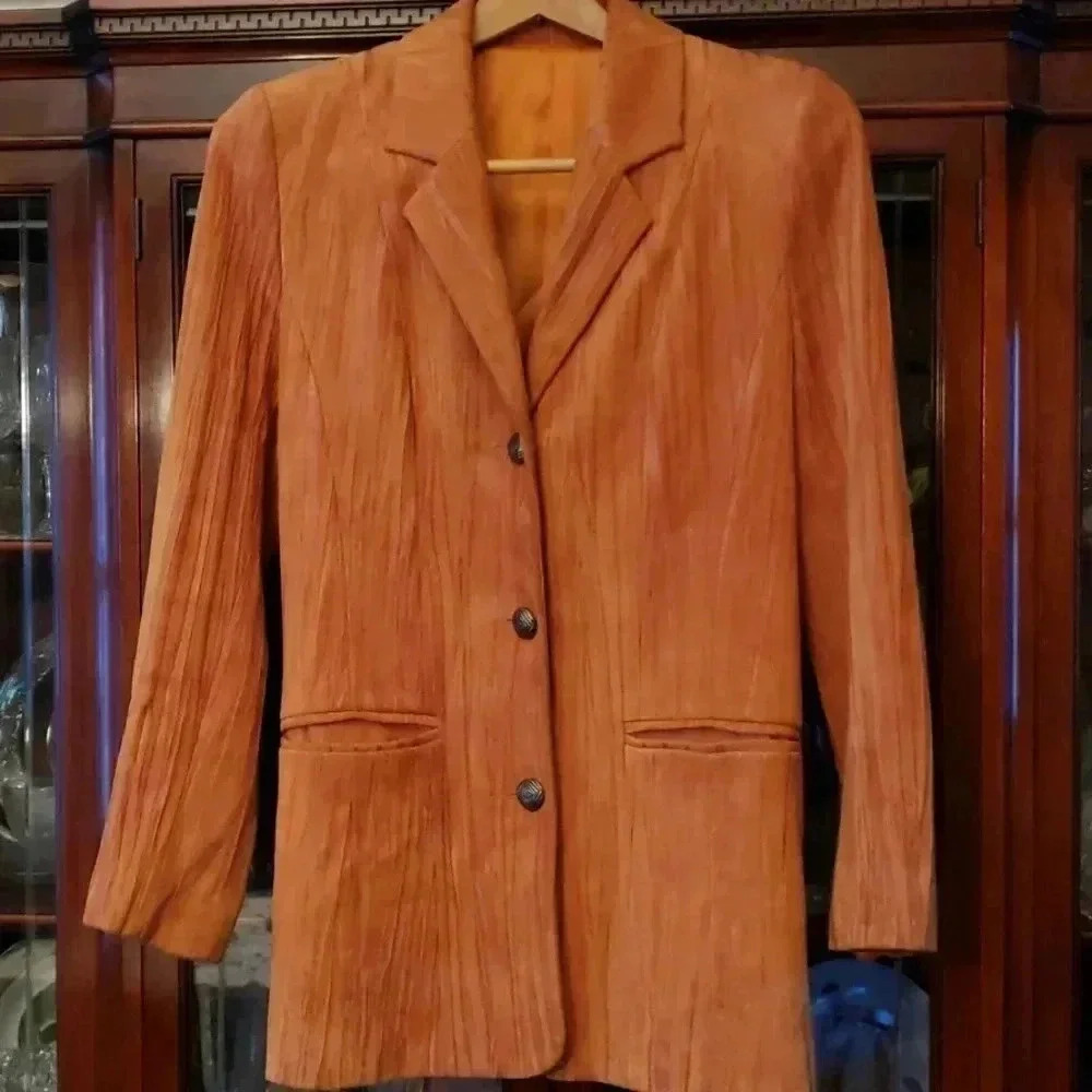 Vintage Suede leather Blazer Padded shoulder Jacket Burnt Orange Size 38 EU